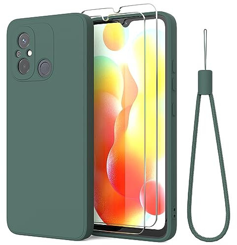 THIYUFUNS Hülle für Xiaomi Redmi 12C / Redmi 11A mit 2 Stück Schutzfolie Handyhülle,Liquid Silicone Dünne Weiche Schutz Stoßfest Kratzfeste Case mit Mikrofaserfutter Schutzhülle - Dunkelgrün