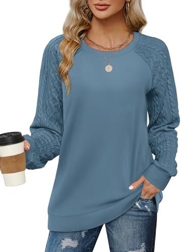 Aokosor Sweatshirts for Women Cable Knit Jumpers Lightweight Ladies Long Sleeve Tops Blue Size 18-20