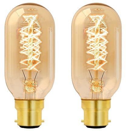 Caldarax Vintage Bayonet Light Bulb B22 230V, Dimmable Light, Warm White 2700K, Amber Spiral Retro Filament Bulbs, T45 Tube Decorative Light Bulbs, 2 Pack