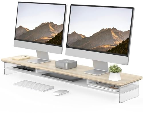 Fenge Acryl Monitorständer Riser 108cm, Großer Dual monitorständer mit Metallregal, Schreibtisch Zubehör für Laptop/PC/Drucker/TV Bildschirm, Tragfähigkeit 45KG Eiche