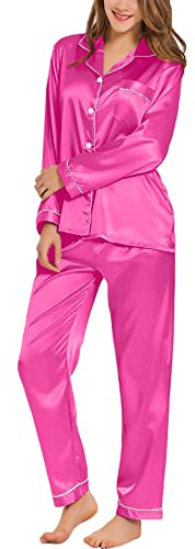 SWOMOG Women's Pyjama Set Silk Satin Long Sleeve Button Down Pyjamas Two Piece Comfy Sleepwear and Loungewear Set Rose Red