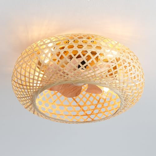50 CM Ventola Da Soffitto Retrò Con Lampada, Tessitura Del Bambù Gabbia Agriturismo Lampadario Con Ventilatore Da Soffitto, DC Reversibile 6 Velocità Ventilatore Da Soffitto Con Luce E Telecomando-F