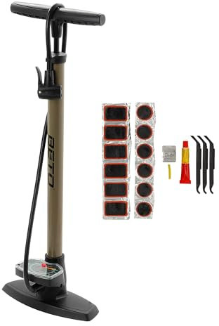 P4B | Luftpumpe mit großem Manometer in Braun/Grau + 19-teiliges Flickzeug Set | Fahrradpumpe geeignet für alle Schlauchventile | Standpumpe