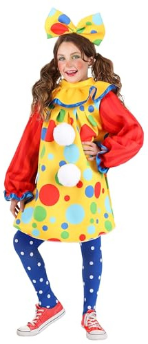 Fun Costumes Kid's Posh Polka Dot Clown Costume for Girls, Rainbow Polka Dot Circus Dress with Large Bow, Kid Carnival Outfit - X-Large - Multicolor