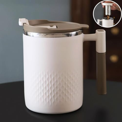 Xfeyaqlo Tazza Termica Tisana 450ml Tazza Caffe Termica Tazza Termica con Manico Bicchiere Termico per Tisane Tazza con Infusore Tazze da The, Acciaio Inox 304, Plastica PP (Beige)