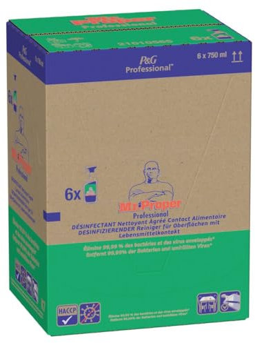 Mr. Proper Professional Desinfizierender Reiniger für Oberflächen mit Lebensmittelkontakt, 4.5L (6 x 750ml), professionelle Formel für den Einsatz in Großküchen, Büros, Kliniken und Krankenhäusern