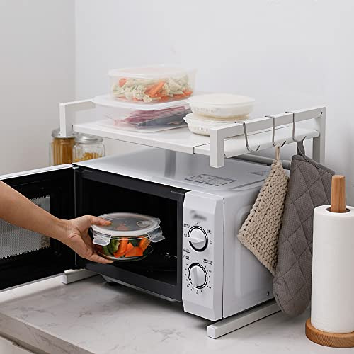 Mikrowellen Ständer/Regal, Mikrowellenhalterung, Mikrowellen Ständer/Organizer mit Hacken, Microwave Holder/Rake grössenverstellbar-42 cm (40–65 cm) – weiß