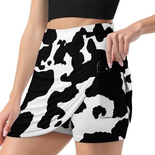 ALTQPG Schwarz-Weiße Kuh Damen Tennisrock Mit Hose Minirock Golfrock Hosenrock Sommerrock Tennis Skort Laufrock Mit Taschen