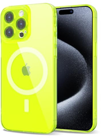 Svanove for iPhone 15 Pro Case Clear Compatible with Magsafe, Transparent Magnetic Magnet Mag Case, Cute Slim Thin Silicone Grip & Shockproof Camera Cover Drop Protection Bumper, Neon Green Lime