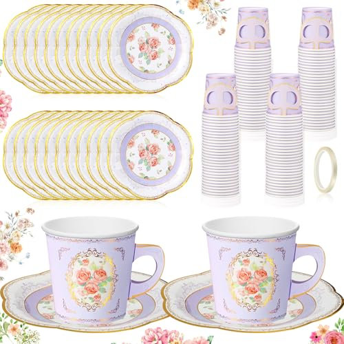 Umigy Tea Party Decorations 6.5oz Floral Paper Tea Cups with Handle and Plates Disposable Blossom Teacups and Saucers Sets with Tape for Hot Cold Drink Birthday (Purple Rustic,36 Sets)