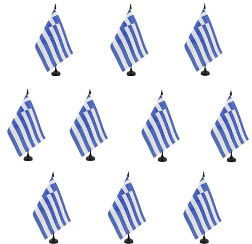 AZ FLAG - Lot de 10 Drapeau De Table Grèce 21x14 cm - 10 Petits Drapeaux Grec De Bureau 100% Polyester Avec Hampe De 25cm Et Socle En Plastique Noir