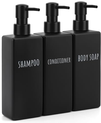 Segbeauty Dispenser Doccia, 3 Pezzi 500ml Dispenser Shampoo e Bagnoschiuma, Dosatore Sapone Cucina in Plastica, Dosatore Sapone con Etichette Stampate, Dispenser Sapone Nero Opaco