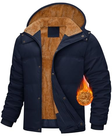 CMTOP Manteau Homme Hiver Chaud Doublure en Polaire Veste Chaude Epaissie en Peluche Blouson Décontracté Thermique Parka Manteau Loisirs Coupe-Vent Coat avec Capuche Amovible(Marine,M)