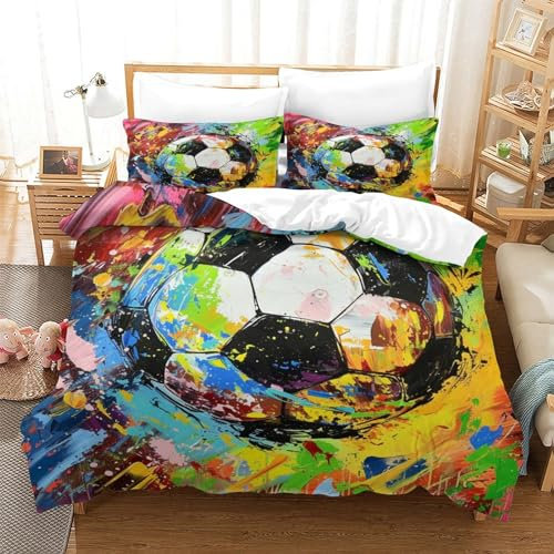 DCABEIOOE Fußball 3D Druck Bettwäsche Bettbezug Und Kissenbezug Mit Reißverschluss Für Kinder Jungen Männer Modern Spielr Dekorative Single(140x200cm)
