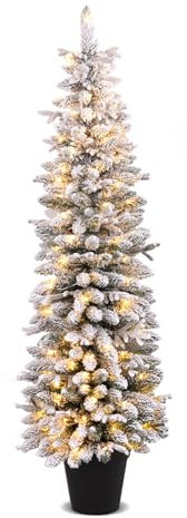 COSTWAY Albero di Natale Slim Pre-illuminato 150/180 CM, Albero di Natale Innevato con 120/140 Luci LED Bianche Calde, 249/334 Rami e 8 Modalità di Illuminazione e Vaso (180 CM)