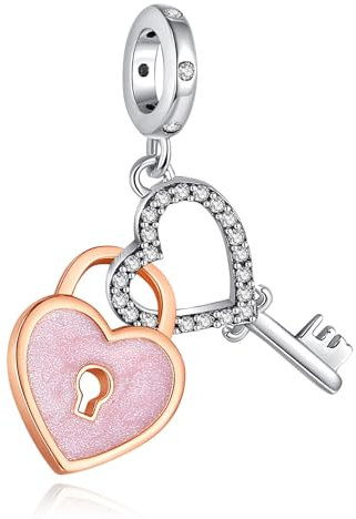 Rimgoris 925 Sterling Silver Charm for Women Bracelets Necklace Rose Glod Lock&Key Heart 2 piece set 5A Cubic Zirconia Valentine Mother's Day Gift Charms for Women