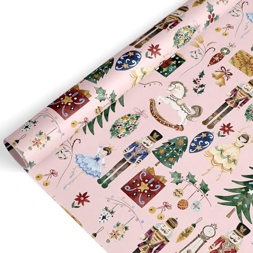 JarThenaAMCS Christmas Wrapping Paper -Mini Roll- 17Inch x 32.8Ft Pink Nutcracker Gift Wrap Paper Xmas Cartoon Art Paper for Birthday Baby Shower DIY Crafts