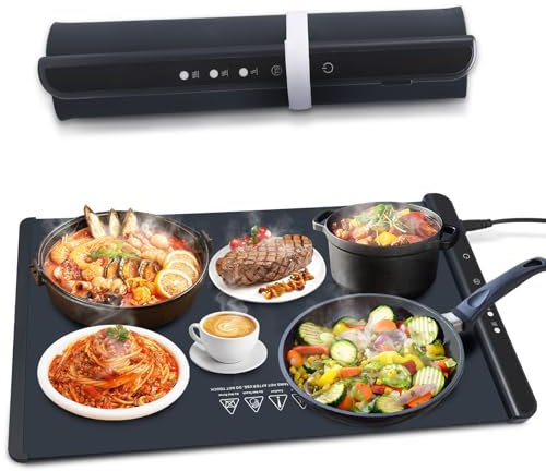Electric Food Warming Mat, Adjustable Temperature Food Warming Tray with 5 Temperature Settings, 1-4 Hours Timer, Rollable & Waterproof Silicone Heating Mat for Buffet, Party & Family Gatherings