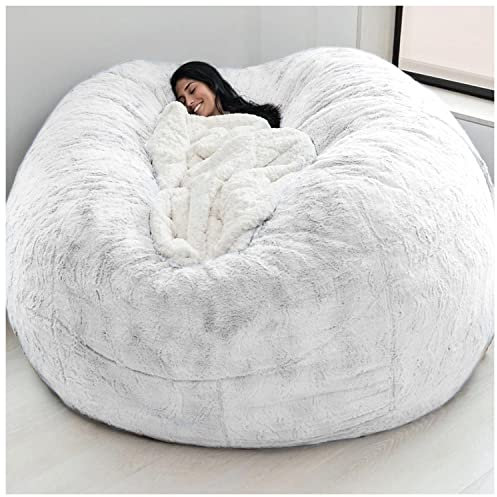 SJKJNK Sitzsack-Sofa, Fell-Sitzsack für Wohnzimmermöbel für Erwachsene, großer, runder, weicher, Flauschiger Sitzsack aus Kunstfell, Lazy-Schlafsofa, Lazy-Sofa-Stühle, 112 cm × 68 cm, weiß