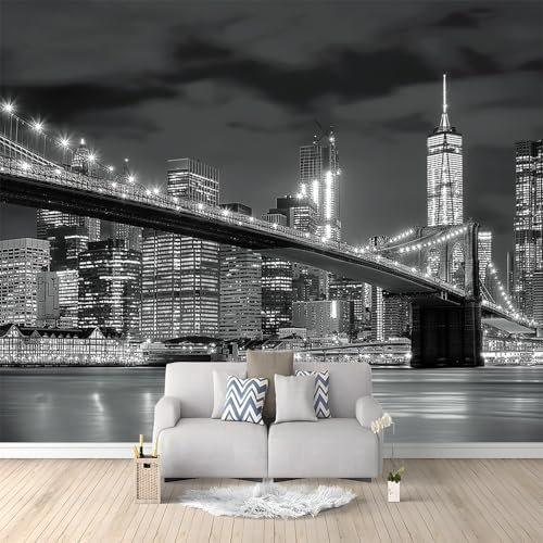 Photo Wallpaper New York City Brooklyn Bridge Gray Night View Grey Wall Mural Photo Wallpaper, Wallpaper Mural Wall Art for Living Room Bedroom Children's Room Corridor 250x175 cm