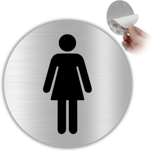 LEIASA | Targa autoadesiva per WC da donna – Spessore 0,6 mm – Diametro Ø 100 mm – Targhetta WC in alluminio – Cartello WC per donne – (cartello per toilette da donna)