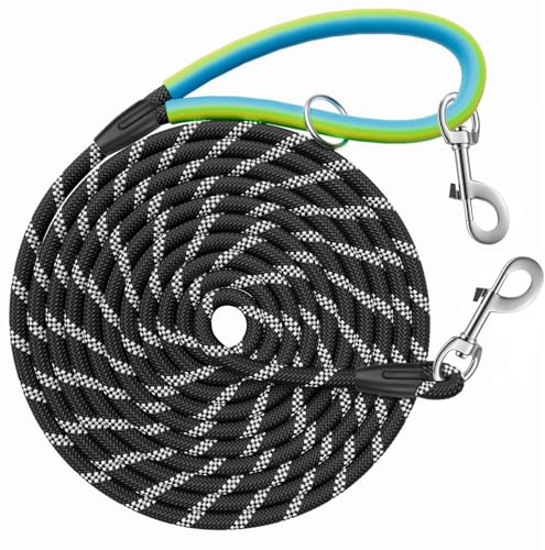 Aystkniet Reflective Training Leads for Dogs, 5M / 10M / 15M / 20M / 30M Long Line Dog Lead with Double Clip and Soft Rubber Handle, Strong Recall Training Leash for Small Medium and Large Dogs