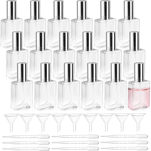 OGMBI 18 Pcs Refillable Glass Perfume Atomiser, 15 ml Clear Travel Spray Bottles Bulk, Square Portable Empty Mist Spray Bottle with 9 Droppers 9 Funnels for Fragrance Lotion Essential Oil Cologne