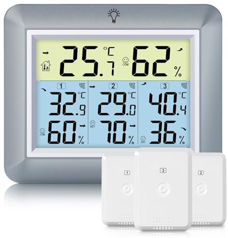 Urageuxy Thermomètre Intérieur Extérieur Connecté Hygromètre Numérique avec 3 Capteurs Sans Fil, Portée 100m, Grand Écran LCD, Enregistrement MIN/MAX, Précision Haute pour Maison, Jardin, Garage, Gris