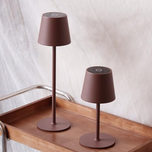 DILUMEN 2 Stück Akku Tischlampe dimmbar kabellos,Metall,IP54,Hellbraun | 5200mAh Wiederaufladbar USB-C, Touch Control Nachttischlampe, IP54 Wasserdichte für Innen und Außen, Terrassen, Restaurants