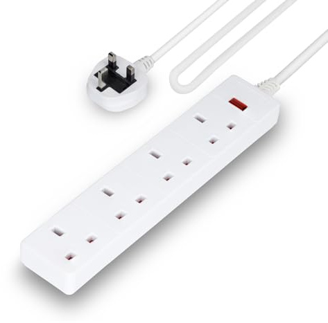 GEEPAS 4 Gang Extension Lead, 3M Cable | 4-Way Plug Extension Cable | 4 Socket Power Strip with Neon Indicator Light | Heavy Duty UK Plug