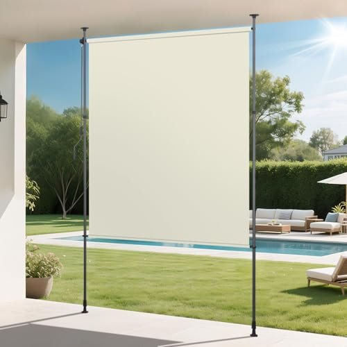 Vkechh Klemmmarkise Senkrechtmarkise Außen 120x270cm, Vertikalmarkise Balkon mit Handkurbel ohne Bohren, Balkon-Sichtschutz & Windschutz für Garten & Terrasse, Wasserfest Beige