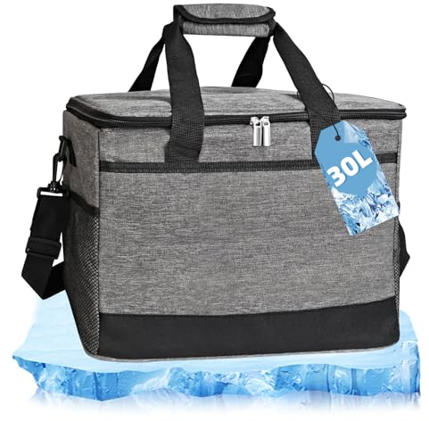 Bolsa Térmica de Alimentos 30L, Nevera Portátil Bolsa Termica con Correa | Para Hombres y Mujeres, Coches, Picnics, Camping, Playas, Viajes, Compras, Oficinas, Escuelas (Gris Oscuro)