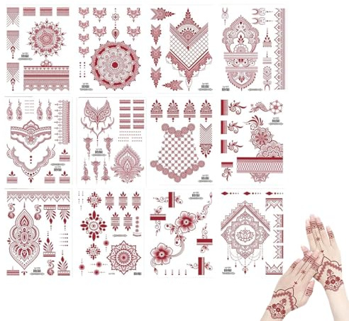 GXGM 12 Pièces Feuilles Tatouage Ephemere Femme Marron Rouge, Faux Tatouage Temporaire, Lotus Mandala Fleur Tattoo Autocollants, pour Doigts, Bras, Dos, Nuque