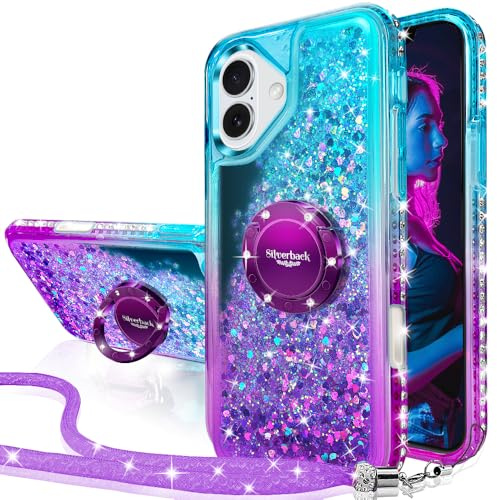 Silverback for iPhone 17 Case, Glitter Case with Stand & Lanyard. Purple | Liquid Holographic Sparkly Glitter Case, Women Girls Bling Diamond Ring Shockproof Protective Cover- Purple