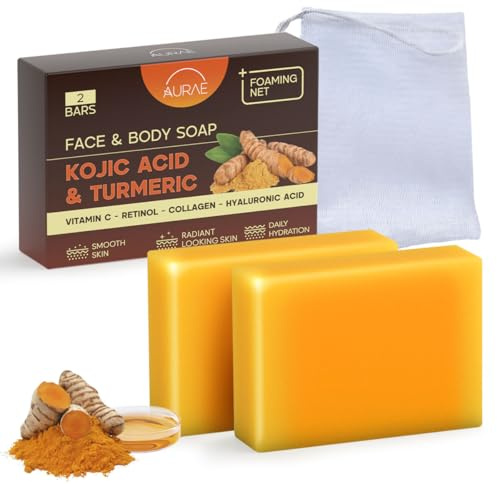 Jabón de Cúrcuma y Ácido Kójico para Manchas Oscuras, 2x100g | Con Retinol, Colágeno, Vitamina C y Manteca de Karité, Hidrata en Profundidad, sin Parabenos ni SLS, Uso Diario