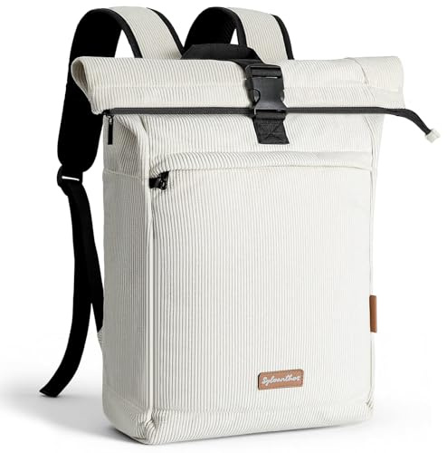 Sylvanthos Cord Rucksack, Laptop Rolltop Rucksack für Herren & Damen Mit Diebstahlsichere Reißverschluss, Erweiterbar (18-25L) Casual Schultasche für Reisen, Arbeit, Schule - Weiß