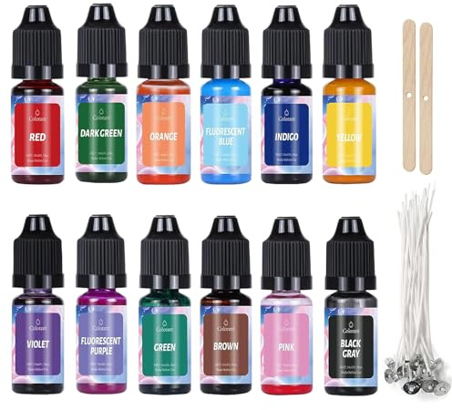 Ovaletta Kerzenfarbe Set, 12 Farben Flüssiger Kerzenfarbstoff für Kerzenherstellung, mit 10 Kerzendocht & 2 Dochthalter - für Bienenwachs, Sojawachs, Paraffinwachs, DIY Kerzen gießen, je 10ml