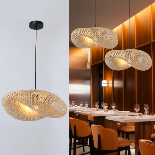 COOINJOY Handgefertigte Bambus Pendelleuchte, 40 cm beige Retro rattan Hängeleuchte, Gewebter Lampenschirm für Esszimmer, Wohnzimmer, Restaurant(Keine Lichtquelle)