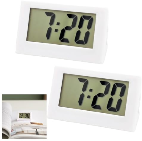Small Digital Clock 2PCS,Mini Portable LCD Display,Battery Powered Only,Non-Ticking Bedside Desk Clock,Mini Portable LCD Display,Digital Clock Battery Powered Only,Led Digital Electronic Cl-ock,White