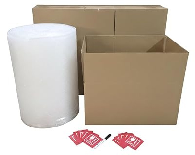 Kit Déménagement T1 Complet – 10 Cartons 54L (Renforcés 4mm) + Rouleau Bulle 50cm x 20m + Feutre + 10 Étiquettes Fragile – Pack Tout-en-Un Studio & Étudiant