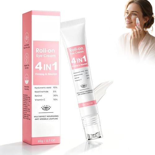 Anti-Aging Augencreme mit Hyaluronsäure, Retinol & Vitamin C – Gegen Augenringe, Tränensäcke & Falten, Straffende und Feuchtigkeitsspendende Pflege mit 360° Massageball