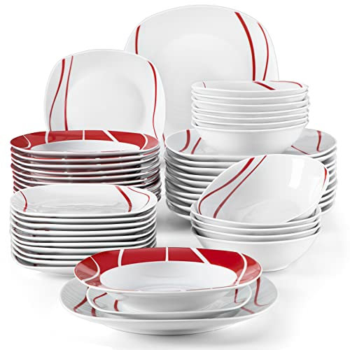 MALACASA, Serie Felisa, 48 teilig Set Porzellan Tafelservice mit 12 Flachteller, 12 Kuchenteller, 12 Suppenteller und 12 Schüsseln
