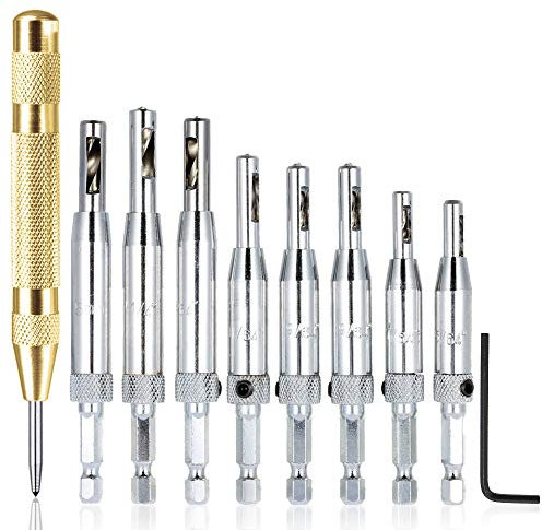AFUNTA 8 pièces Ensembles de forets à centrer avec poinçon central automatique, charnière à centrage automatique Perforatrice pour trou de perçage Outils de travail du bois pour porte de meuble 1/4 ''