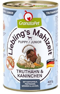 GranataPet Liebling's Mahlzeit Truthahn & Kaninchen Junior, Nassfutter für Hunde, Hundefutter ohne Getreide & ohne Zuckerzusätze, Alleinfuttermittel, 6 x 400 g