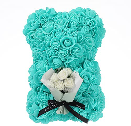 NWSX Rosenbär Blumenbär Perfekt zum Jubiläum, Rose Teddybär Mütter - Klare Geschenkbox inklusive! 10 Zoll Groß - über 200+ Blumen (Tblue, 10in)