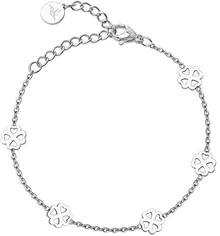 BONNYBIRD® Kleeblatt Armband Silber Glücksbringer Prüfung Edelstahl Damen Viel Glück Prüfung Geschenk Glücksarmband Frauen Wasserfest Schmuck Armkette Gute Besserung Firmung Mädchen Abitur