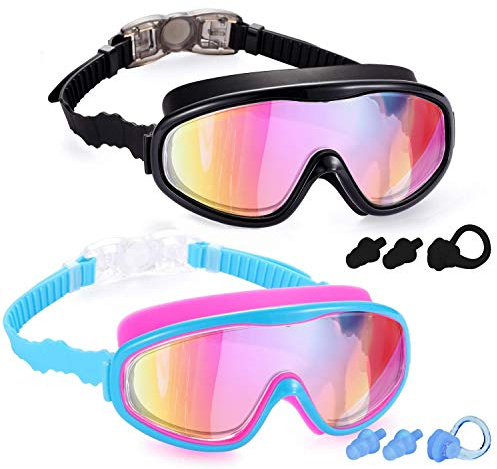 Yizerel 2 Pack Kids Swim Goggles, Swimming Glasses with Electroplating for Children and Early Teens from 3 to 15 Years Old, Wide Vision, Anti-Fog, Waterproof, UV Protection (Set of 2)