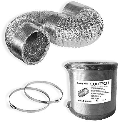 LOOTICH Tubo Flexible de Aluminio Ø127mm Longitud 2,5m para Conducto de Aire de Ventilación Sistemas con 2 Abrazaderas de Acero