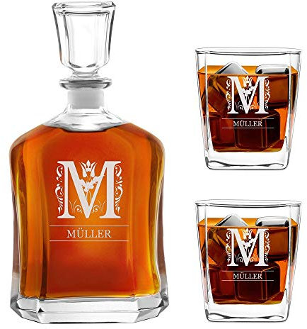 Maverton Whiskey Karaffe + 2/4 / 6er Whiskygläser Set mit Gravur - 700ml Whisky Dekanter - Geschenk zum Geburtstag für Damen - Buchstabe
