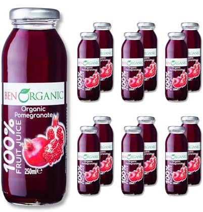 BenOrganic Pomegranate Juice (12 x 250ml) Glass Bottles, Organic Juices, Sugar and Additives Free - Not from Concentrate